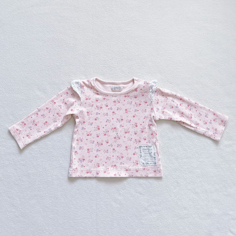 4/$22 énécru Baby Girl Pink Floral Long Sleeve Tee Ruffle Shoulder Cotton 18-24M